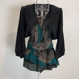 Anthropologie Maple Wrap Silk Top Blouse Black Green SZ 2 3/4 sleeve v neck